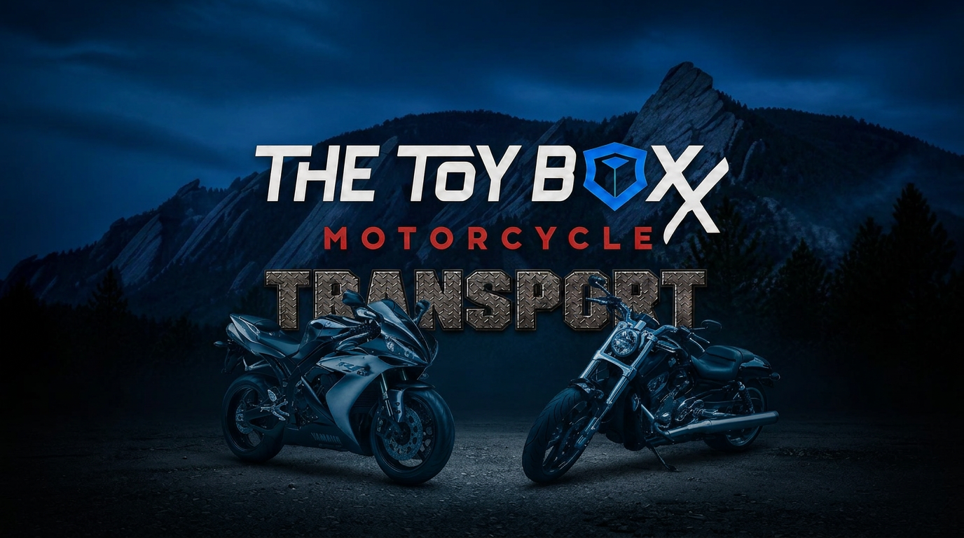 The Toy Box Motorcycle Transport logo with a Yamaha sport motorcycle and a cruiser motorcycle in front of the Boulder Flatirons at blue hour.