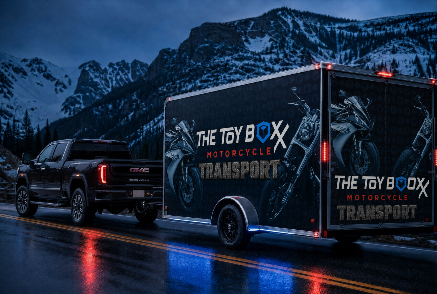 Black GMC Denali towing an enclosed Toy Boxx wrapped motorcycle trailer on a wet Colorado mountain road at blue hour