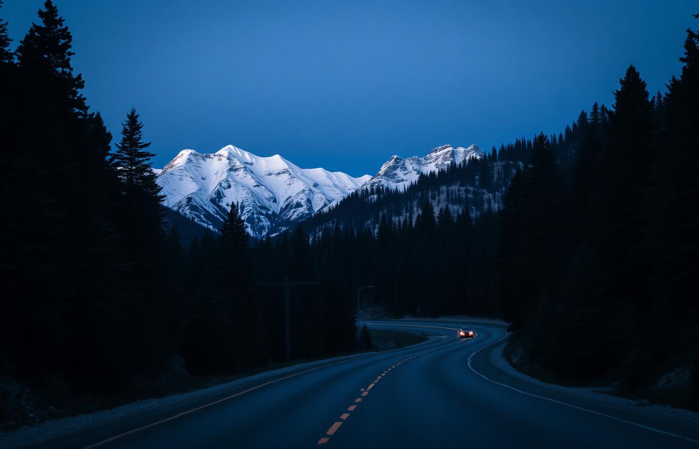 Colorado mountain highway at blue hour with snowcapped peaks in the distance
