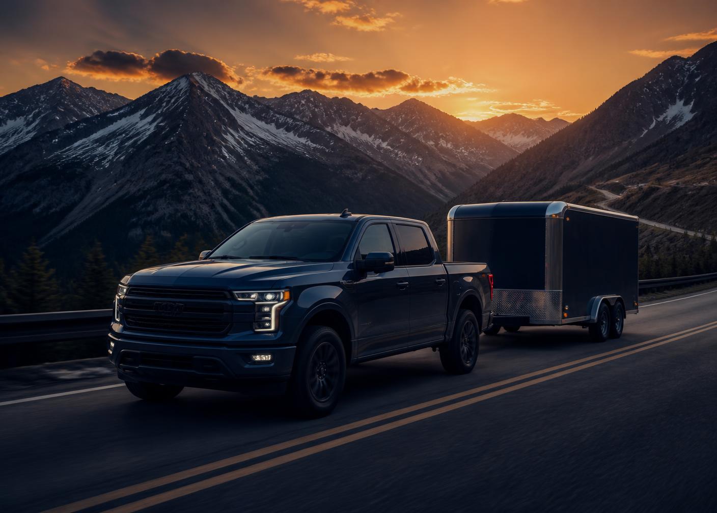 Pickup truck towing an enclosed motorcycle trailer on a Colorado mountain pass